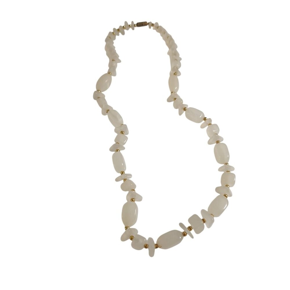 Vintage White Beaded Necklace Gold Accents Natural Jewelry Stone Handmade 19"